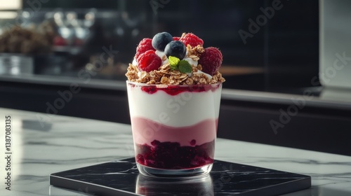 A smooth berry parfait with granola and yogurt. Featuring indulgence and freshness