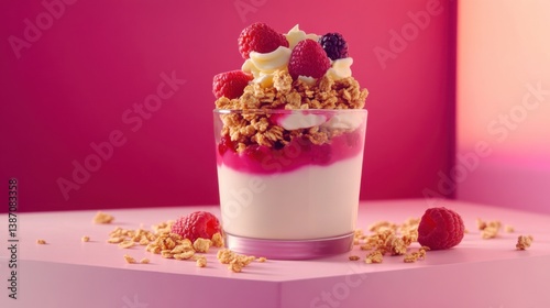 A smooth berry parfait with granola and yogurt. Featuring indulgence and freshness