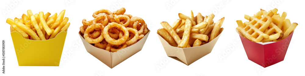 Four varieties of french fries classic, curly, seasoned, waffle. Four varieties of french fries classic, curly, seasoned, waffle.