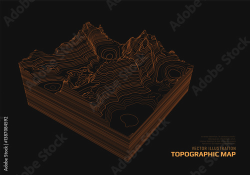 3D topographic map. Geographic contour map with elevation lines. Detailed terrain visualization concept. Vector illustration of landscape elevations and natural relief.