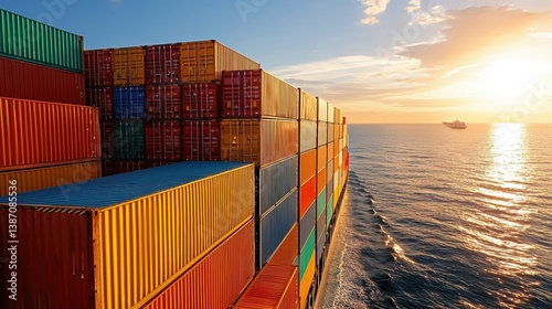 Fototapeta Naklejka Na Ścianę i Meble -  A vibrant scene showing stacked shipping containers on a cargo ship, with a stunning sunset reflecting on the calm sea.