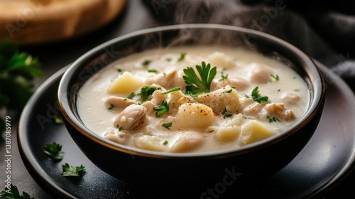 Obraz na płótnie A bowl of clam chowder with chunks of clams, potatoes, and parsley, steam rising w salonie