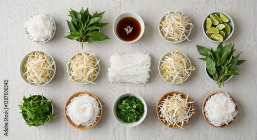 Vietnam Pho Noodle Soup Ingredients Flat Lay – Fresh Herbs, Bean Sprouts, Lime, Rice Noodles and Sauce for Culinary Blogs, Vietnamese Recipes, Food Styling, and Wellness Menus