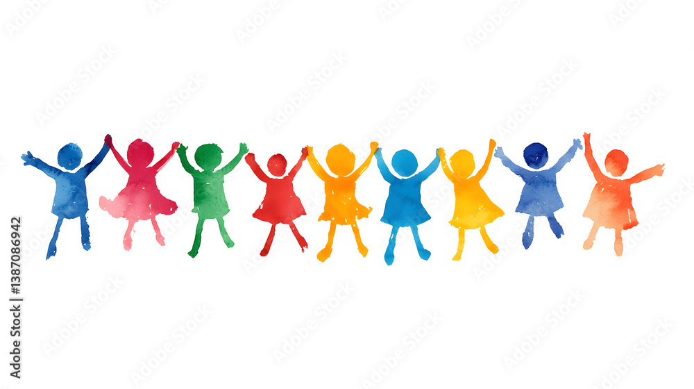 A watercolor silhouette of a diverse group of people standing together with their arms raised in celebration. Support and assistance, community, teamwork, diversity concept A watercolor silhouette of a diverse group of people standing together with their arms raised in celebration. Support and assistance, community, teamwork, diversity concept