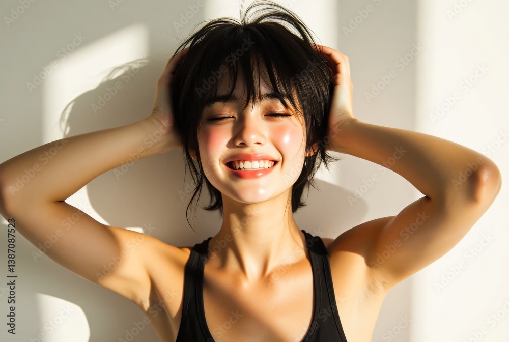 A cheerful young woman with short dark hair smiling brightly with her eyes closed, both hands playfully holding her head A cheerful young woman with short dark hair smiling brightly with her eyes closed, both hands playfully holding her head