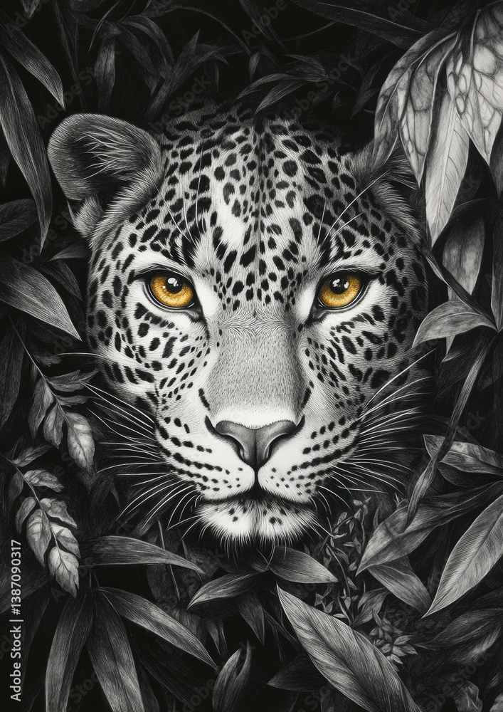 Obraz premium Realistic drawing of a leopard in tall grass showcasing intricate details and textures during a serene moment in the wild Generative AI