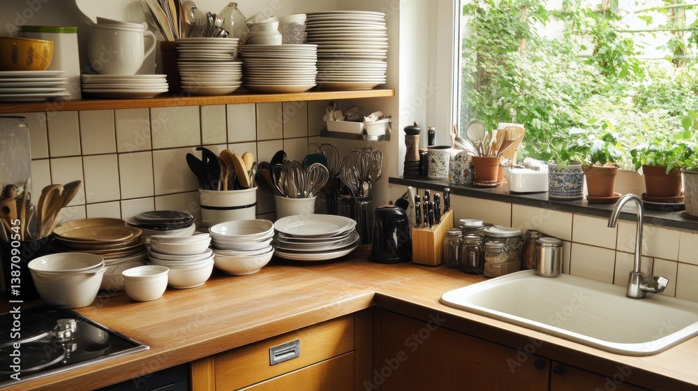 Organized kitchen corner with dishes, tools, and window view Organized kitchen corner with dishes, tools, and window view