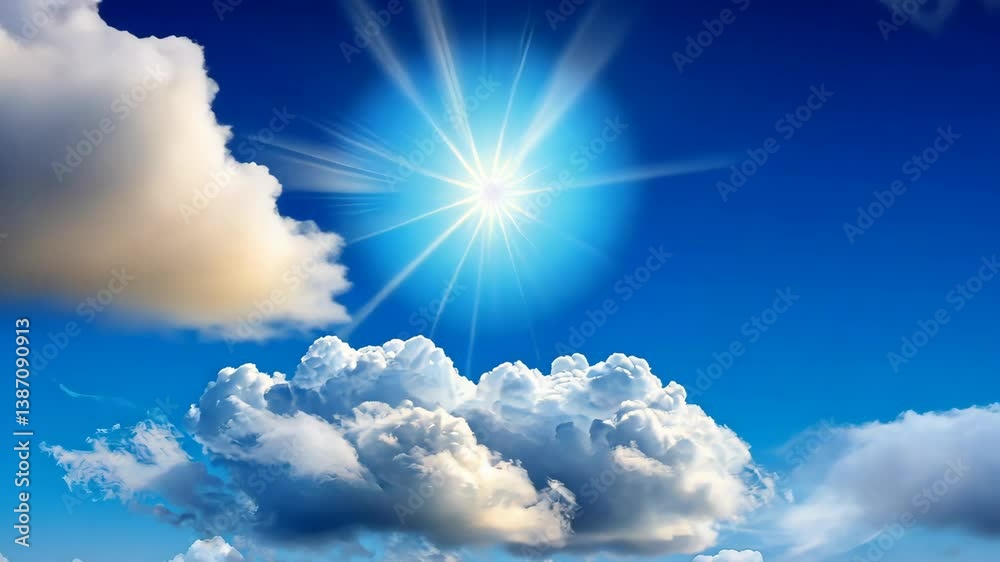 Brilliant sun rays burst through fluffy white clouds in a vibrant blue sky