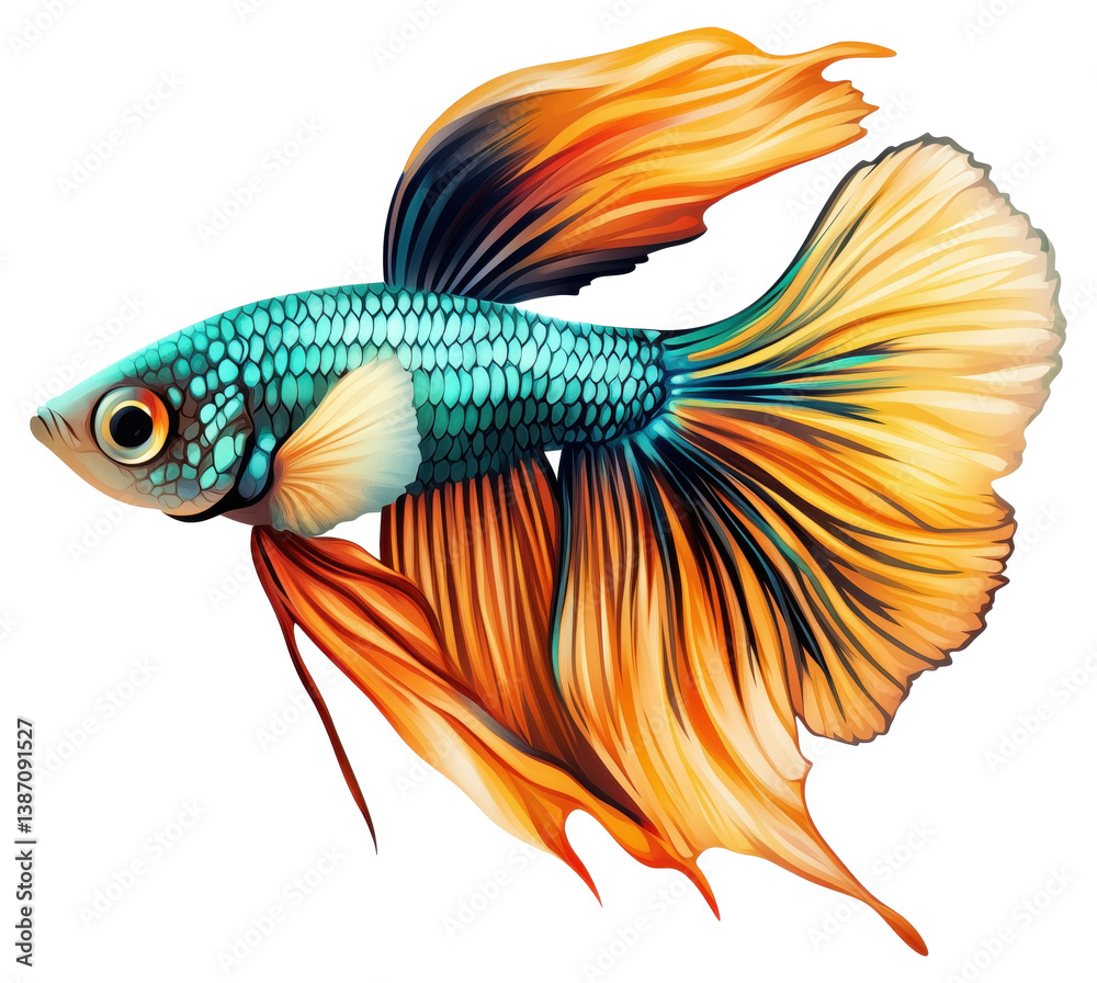 Fototapeta premium illustration of a vibrant fighting fish with stunningly colorful fins isolated on transparent background.