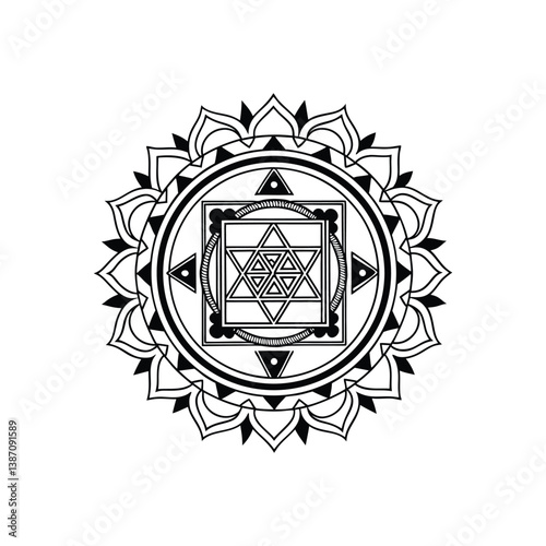  mandala with a central Sri Yantra motif, 12-fold symmetry, layered with sacred geometry patterns (hexagrams, tetrahedrons), metallic linework on a deep navy cosmic background, hyper-detailed."