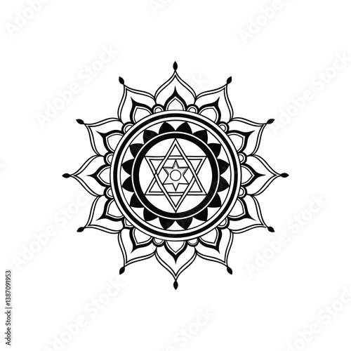  mandala with a central Sri Yantra motif, 12-fold symmetry, layered with sacred geometry patterns (hexagrams, tetrahedrons), metallic linework on a deep navy cosmic background, hyper-detailed."