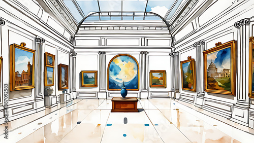 Exploring the Museum Gallery Watercolor Style Paintings in a Bright Hall