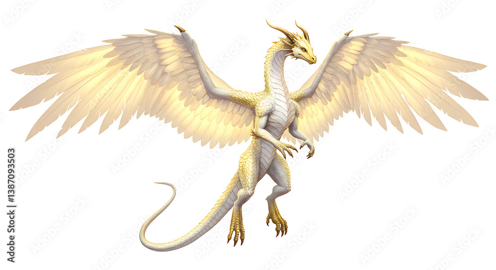 Fototapeta premium Dragon with White and Gold Wings Spreading Wide Preparing for Flight