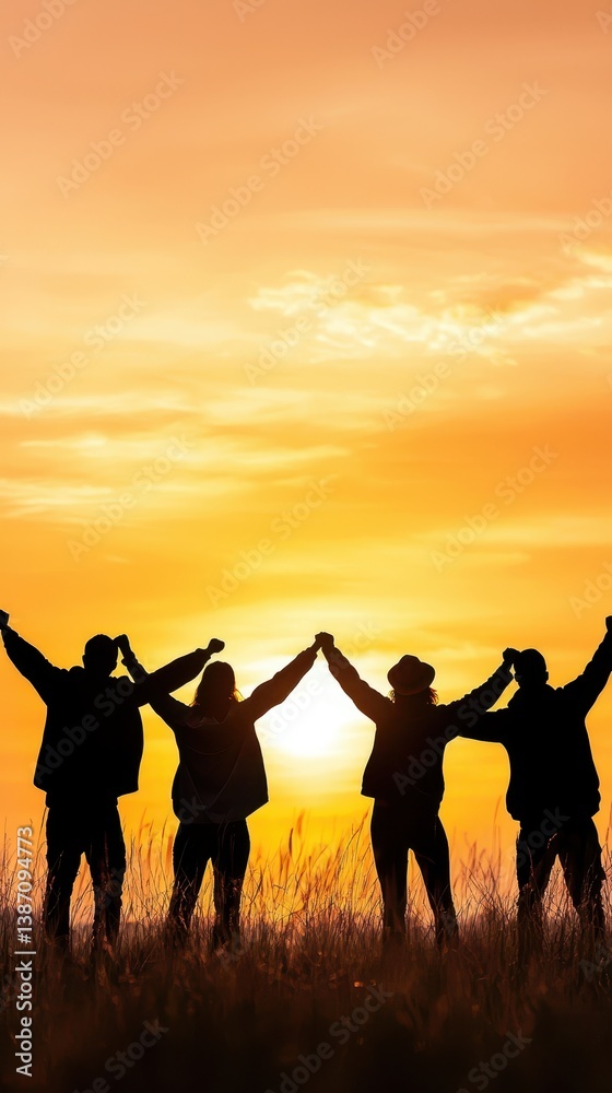 Silhouette of Four Friends Celebrating at Sunset Silhouette of Four Friends Celebrating at Sunset