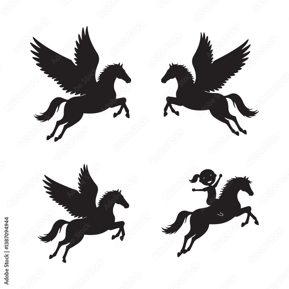 Obraz premium cute pegasus horse animals unicorn clipart cartoon icon set vector design illustrations