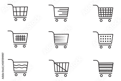 Set of four black outline shopping carts, symbolizing retail, purchasing, and consumer goods in commerce. 