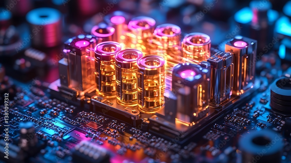 Obraz premium Quantum Computing Chamber with AI Data Streaming in Neon Colors – Quantum Gates Processing Complex Information Captured with Realistic Camera Effect