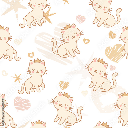 Seamless pattern with cute cats in the crown, with glitter. Pattern for girls, for textiles, children's clothing, overprint paper, prints.