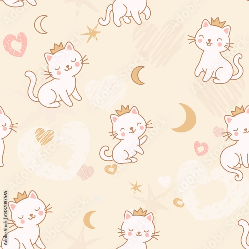 Wallpaper Mural Cute Princess Cat Wearing Crown with pastel-colored hearts, stars, moons, on beige Background. Seamless Pattern Torontodigital.ca