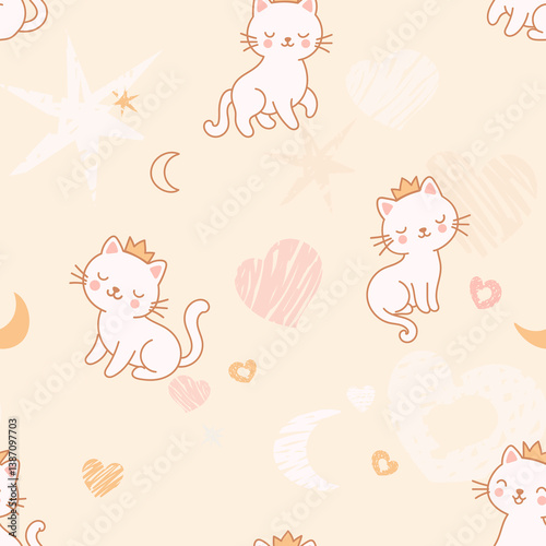Seamless pattern featuring adorable  kittens wearing cute little crowns
