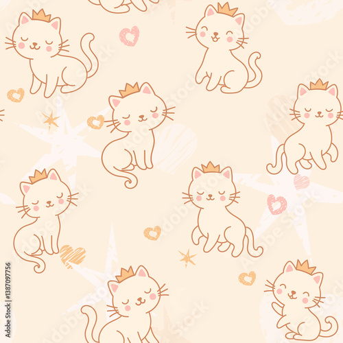 Cute Princess Cat Wearing Crown with  pastel-colored hearts, stars, moons, on  beige Background. Seamless Pattern