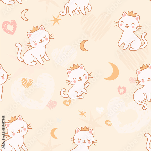 Seamless pattern featuring adorable kittens wearing cute little crowns