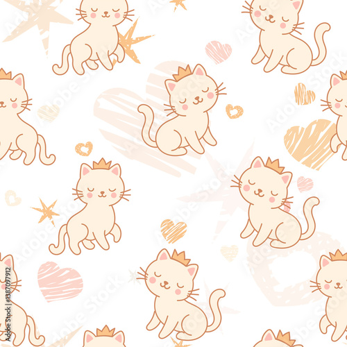 Seamless pattern featuring adorable kittens wearing cute little crowns