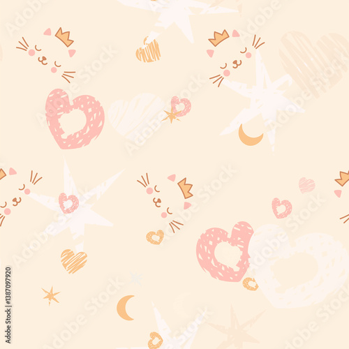 seamless pattern pastel-colored hearts, stars, moons, and abstract scribble elements