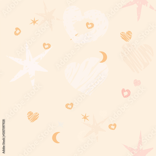 seamless pattern pastel-colored hearts, stars, moons, and abstract scribble elements