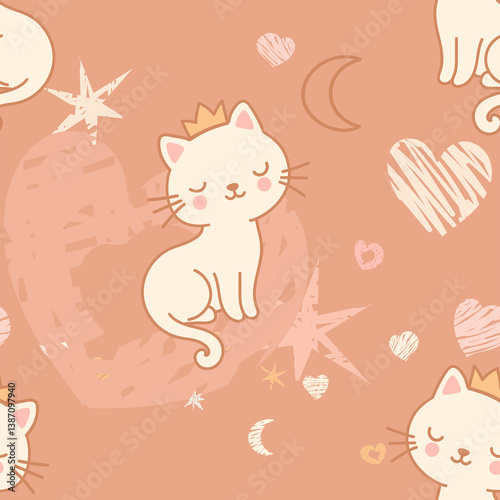 A seamless pattern featuring adorable  kittens wearing cute little crowns, surrounded by pastel-colored hearts, stars, moons, and abstract scribble elements on a soft  beige background.
