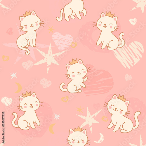 Seamless pattern featuring adorable kittens wearing cute little crowns