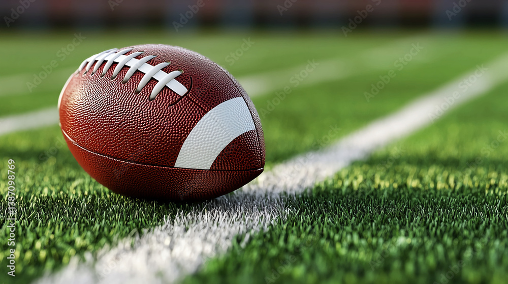 American football on the field with grass and white line for sports and recreation background image stock photo