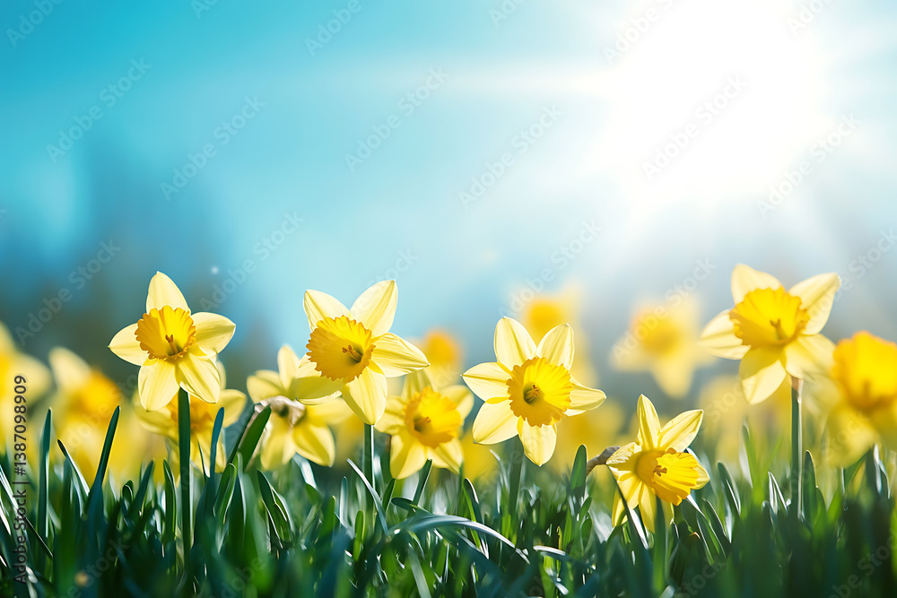 yellow daffodils in the grass, blue sky with sun rays, springtime background banner yellow daffodils in the grass, blue sky with sun rays, springtime background banner