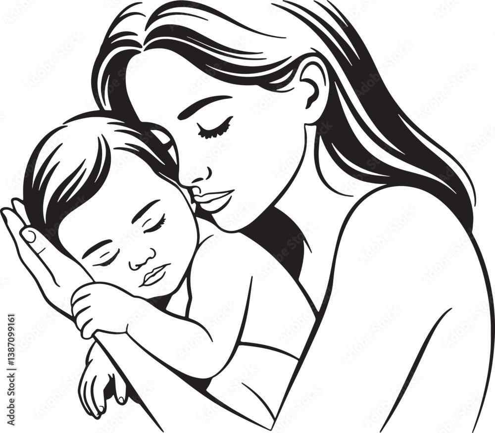 Mother holding a baby in her arms line art vector illustration isolated On Transparent Background Mother holding a baby in her arms line art vector illustration isolated On Transparent Background