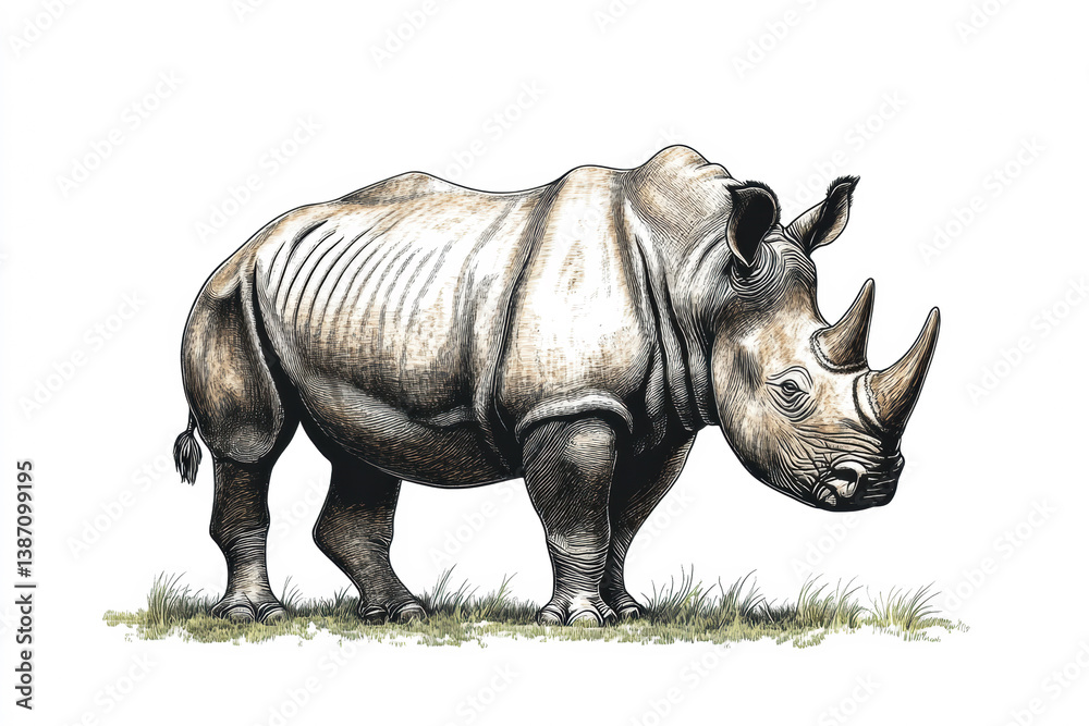 Fototapeta premium Rhino standing in the grass showcasing its powerful physique and distinctive features in a natural habitat during daylight Generative AI