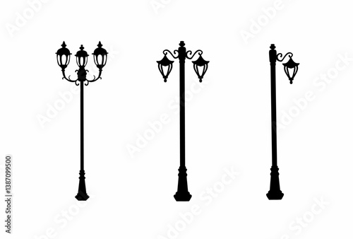set of silhouettes of street lamps