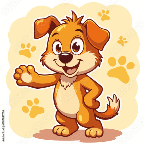 Cute cartoon dog waving happily against a playful background  