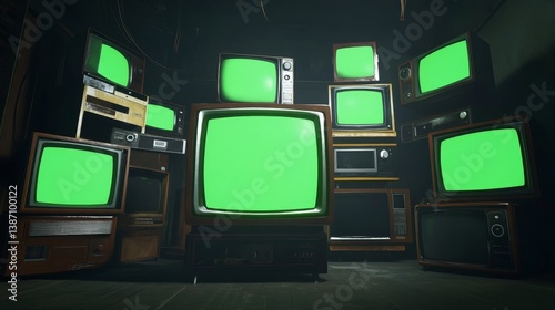 Stack of vintage CRT televisions with green screens in a dark retro room.