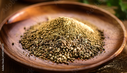 Macro image of crushed coriander seeds and cumin seeds mixed on a wooden plate