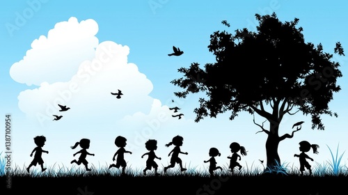Silhouette of Children Joyfully Running Towards a Tree Under a Blue Sky