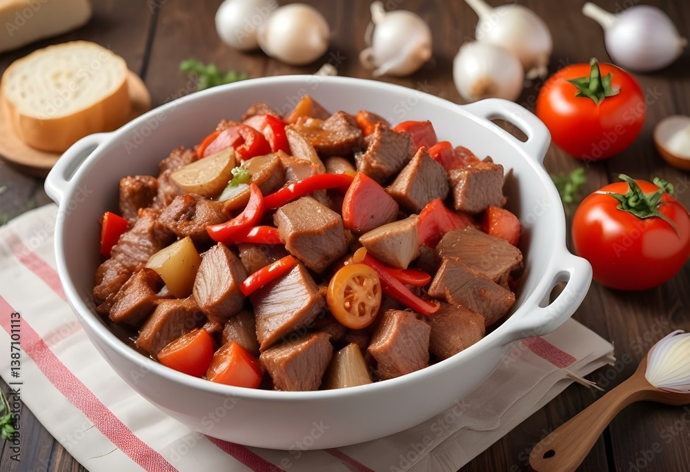 pieces of meat cooked with onion, tomato and pepper in a bowl on the table pieces of meat cooked with onion, tomato and pepper in a bowl on the table