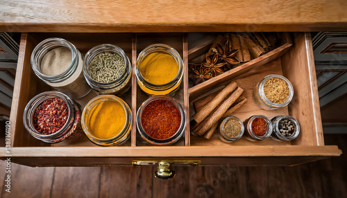 Fototapeta Naklejka Na Ścianę i Meble -  A warm-toned flat lay of a spice rack drawer opened halfway, revealing neatly arranged glass container