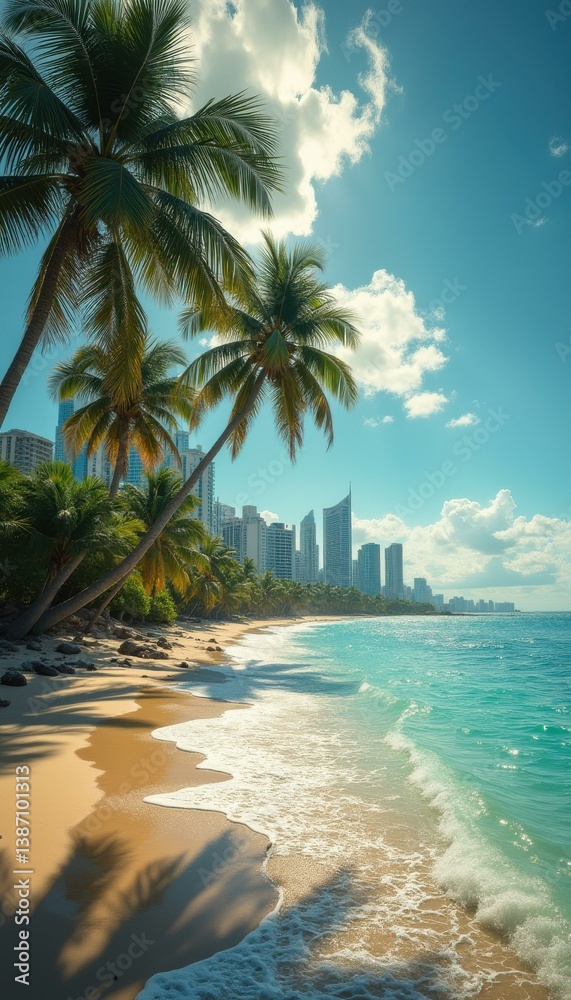 Obraz premium Beach scene with palm trees, soft sand, and city skyline backdrop under a bright blue sky with fluffy clouds.
