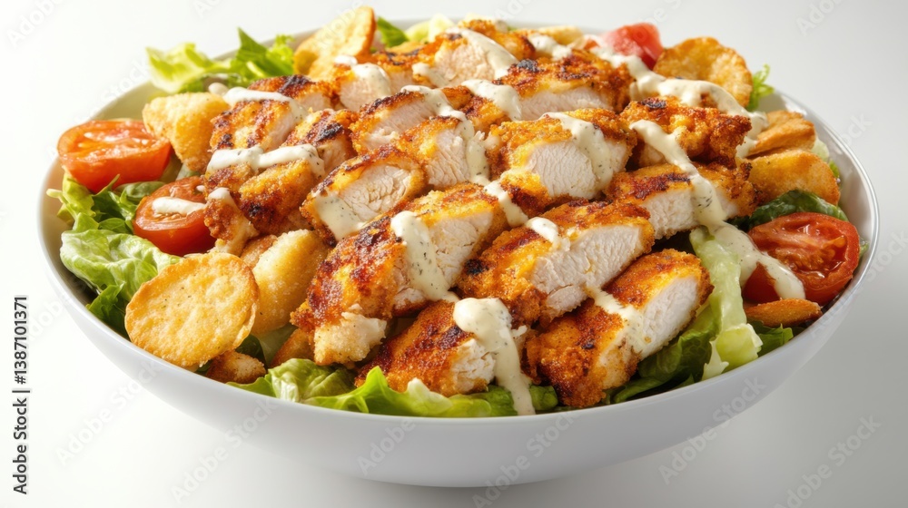 A tender chicken Caesar salad with crispy croutons and Parmesan. Featuring crunch and flavor A tender chicken Caesar salad with crispy croutons and Parmesan. Featuring crunch and flavor