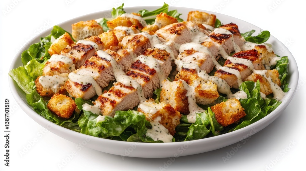 A tender chicken Caesar salad with crispy croutons and Parmesan. Featuring crunch and flavor A tender chicken Caesar salad with crispy croutons and Parmesan. Featuring crunch and flavor