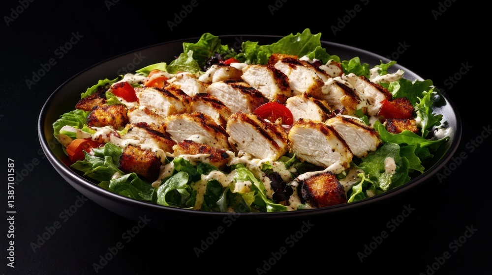 A tender chicken Caesar salad with crispy croutons and Parmesan. Featuring crunch and flavor A tender chicken Caesar salad with crispy croutons and Parmesan. Featuring crunch and flavor