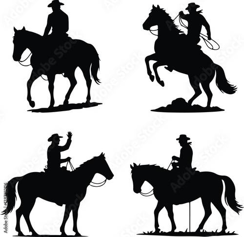Cowboy on Horse Silhouette Set | Western Cowboy, Horse Riding, and Country Adventure Illustration Cowboy on Horse Silhouette Set | Wild West, Rodeo Rider, and Western Vector Collection