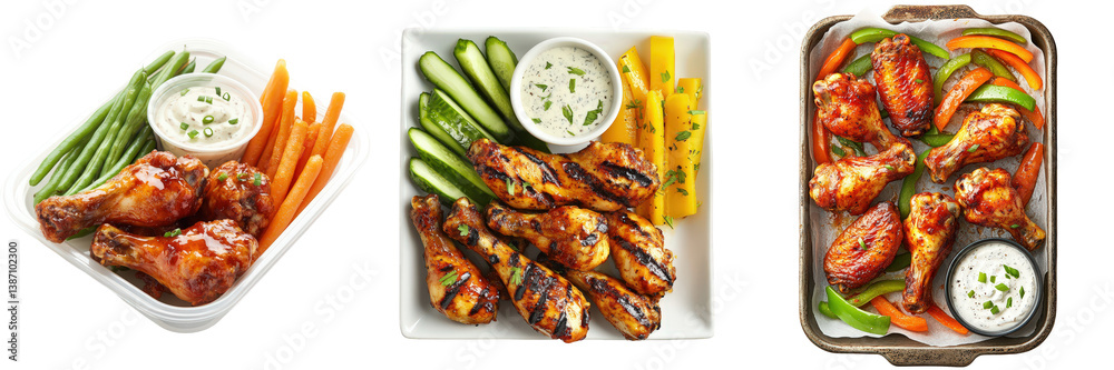 Three Chicken Wing Meals with Dipping Sauce and Sides. Three Chicken Wing Meals with Dipping Sauce and Sides.