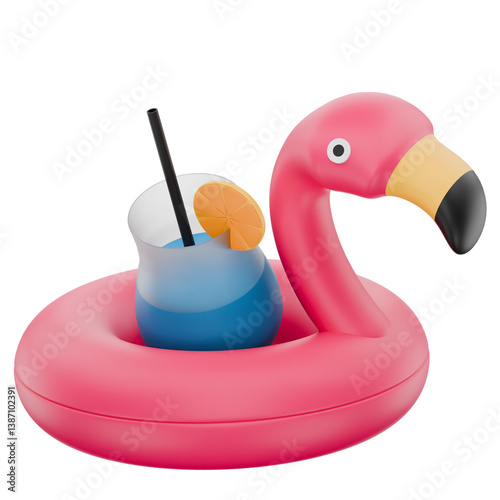 3D Flamingo Pool Float with Cocktail Icon Representing Tropical Summer Relaxation