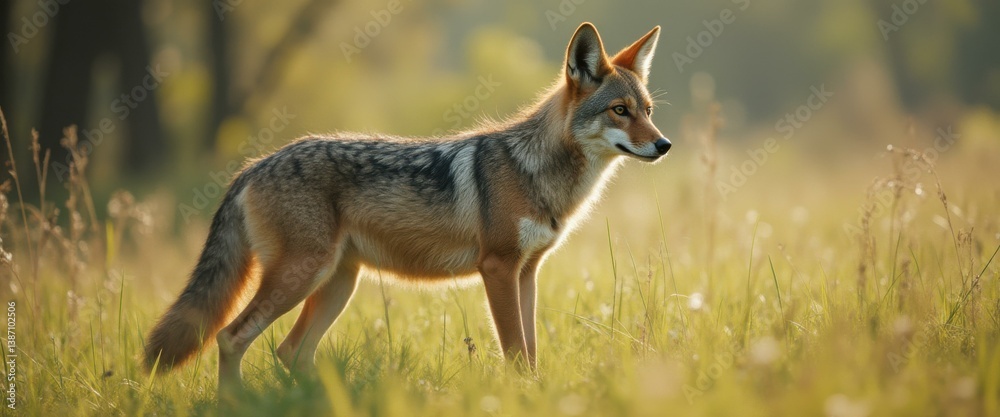 Fototapeta premium Coyote standing alert in a sunlit meadow, showcasing its natural beauty and wild essence.